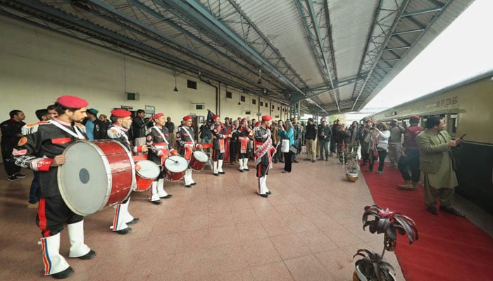 Management welcomes visitors and travellers with a traditional pipe band on March 3, 2024. — Facebook/Khyber Pakhtunkhwa Culture and Tourism Authority 