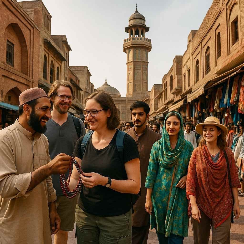 Tourists visiting a heritage site in Pakistan, interacting with local vendors, symbolizing tourism growth and cultural exchange pakistan tourism growth