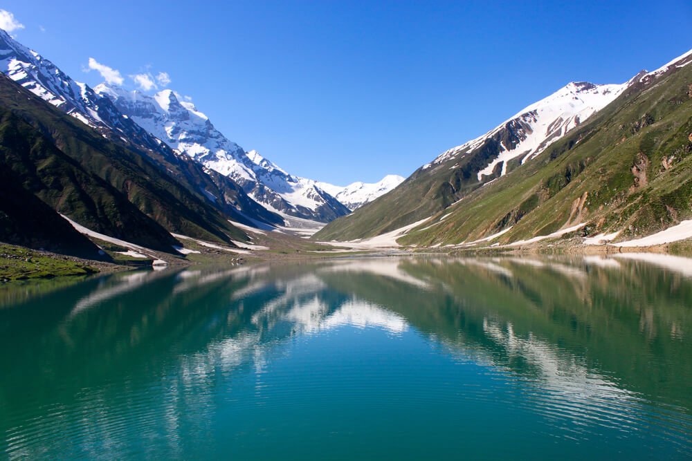 Panoramic view of Ansoo Jheel Pakistan with its teardrop shape visible under clear summer skies