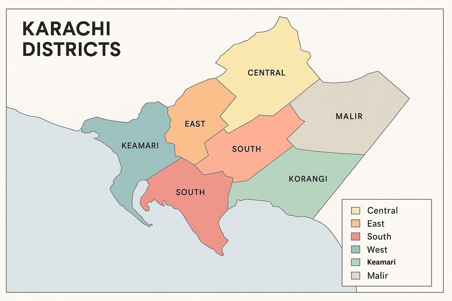 How Many Districts in Karachi? Map of Karachi showing all 7 districts with boundaries and names updated for 2025 