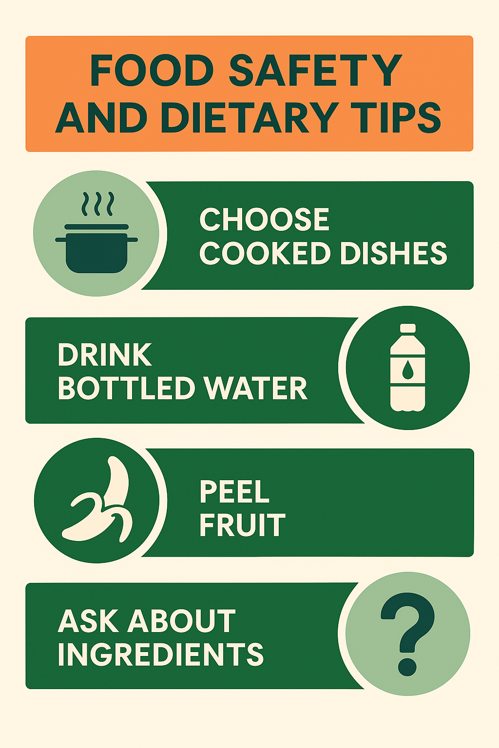 Infographic showing food safety tips for Barah Valley travelers: eat cooked dishes, drink bottled water, peel fruit, and ask about ingredients