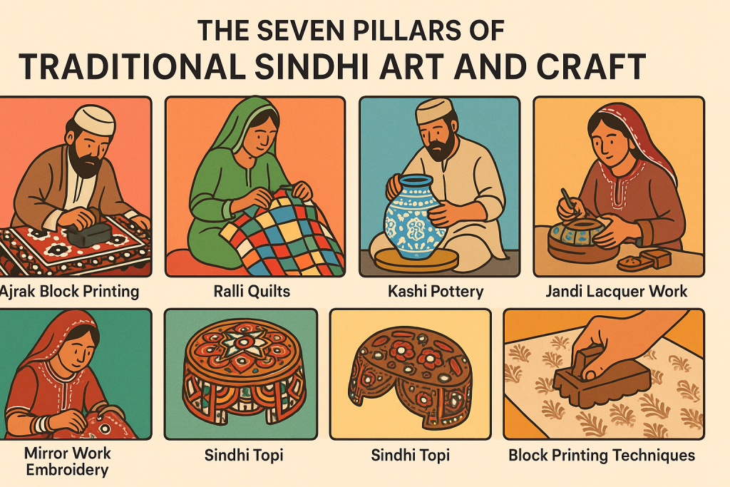 Illustrated collage showing the seven traditional crafts of Sindh: Ajrak block printing, Ralli quilts, Kashi pottery, Jandi lacquer work, mirror work embroidery, Sindhi Topi, and block printing techniques, each represented with artisans and finished pieces.
Art and Craft of Sindh