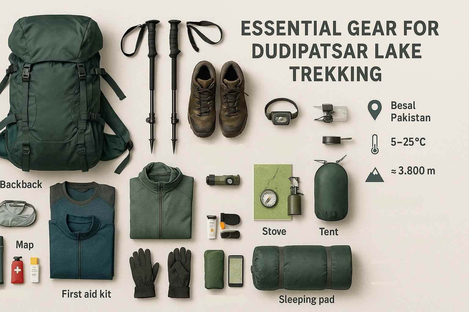 Backpack, trekking poles, boots, and camping gear laid out for a Dudipatsar Lake trek