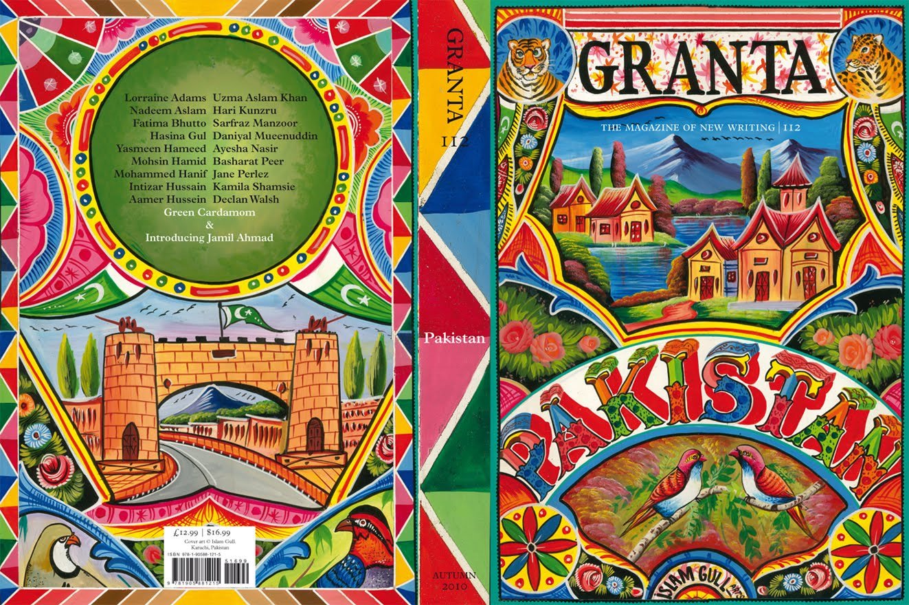 Cover of Granta magazine's Issue 112 featuring colorful illustrations representing Pakistani landscapes, culture, and literary contributors, titled “Pakistan”