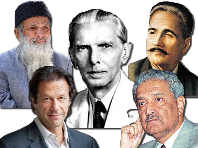 Collage of legend personalities of Pakistan including Jinnah, Iqbal, Edhi, Imran Khan, and Dr. Abdul Qadeer Khan with national flag backdrop.