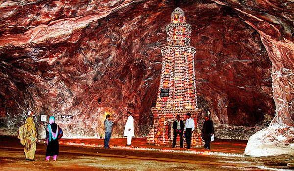 Inside view of the Khewra Salt Mine in Punjab, Pakistan, showing salt rock formations and tourist pathways