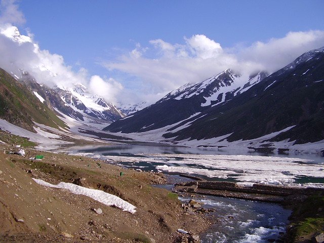 Turquoise waters of Lake Saif ul Malook surrounded by snowy peaks