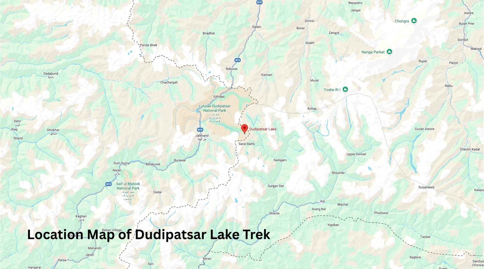 Map showing Dudipatsar Lake location and trekking route from Besal in the Kaghan Valley, Pakistan