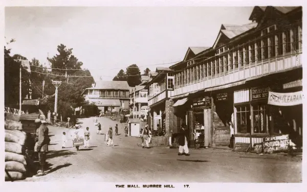 Vintage photograph of Mall Road Murree lined with colonial shops and buildings