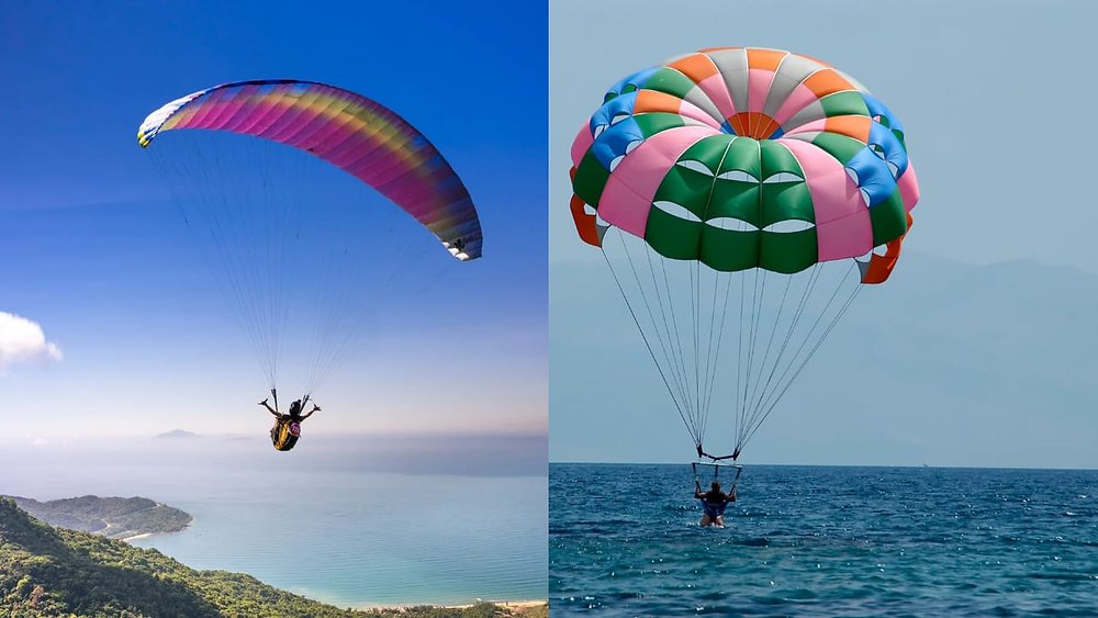 Side-by-side image showing paragliding on the left with a person soaring over a coastal mountain under a rainbow-colored canopy, and parasailing on the right with a person being lifted over the sea by a colorful parachute-like canopy attached to a boat.