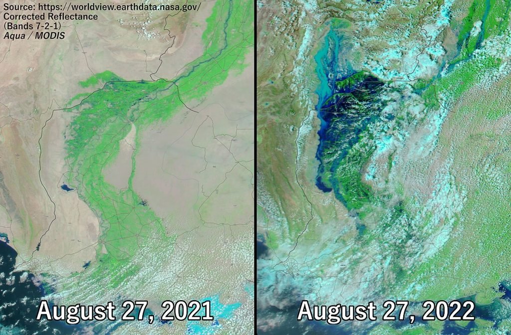 Satellite photo of 2022 floods in Sindh showing submerged farmlands and villages.