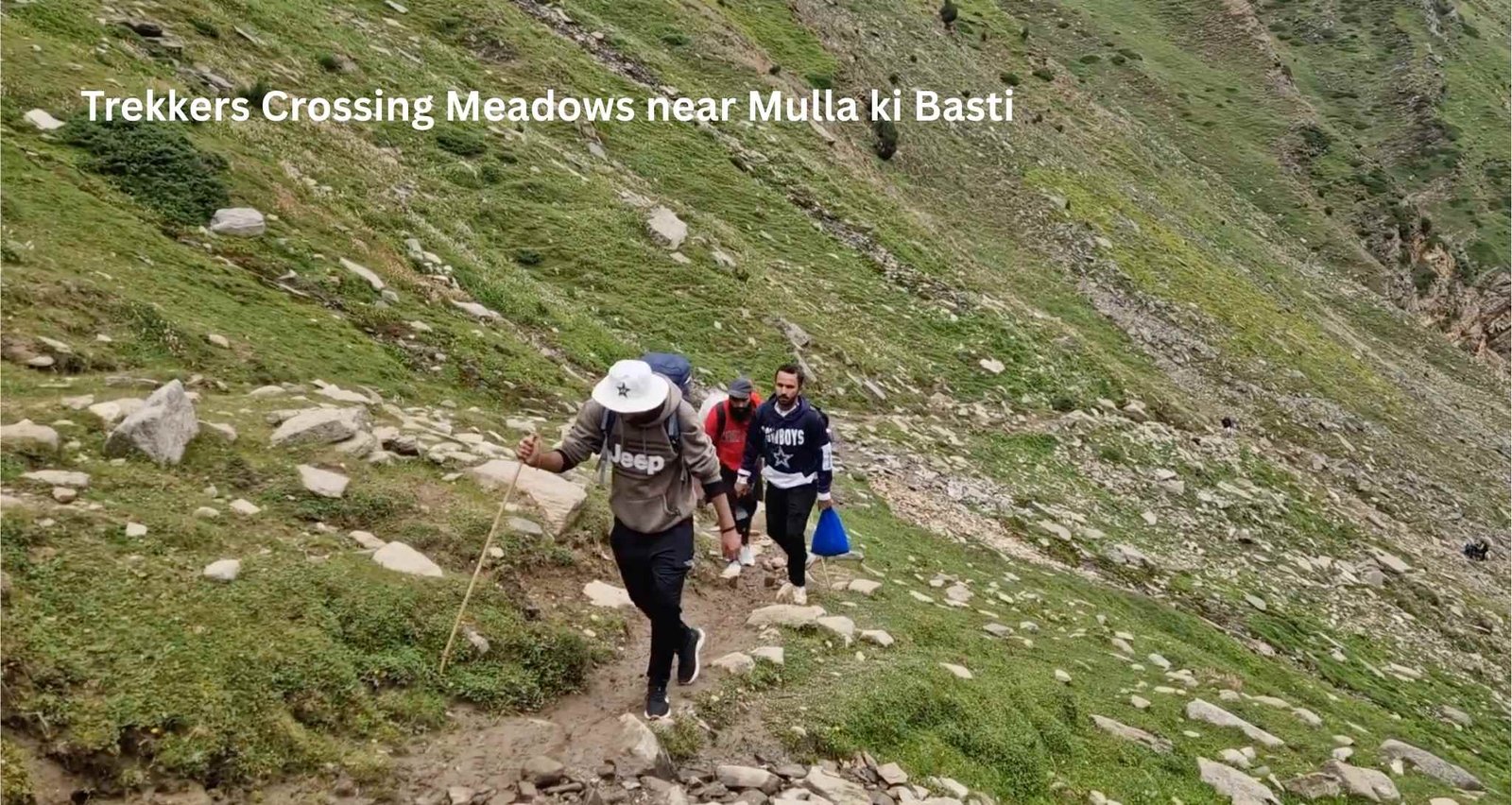 Group of trekkers walking through green alpine meadows on Dudipatsar Lake trail near Mulla ki Basti