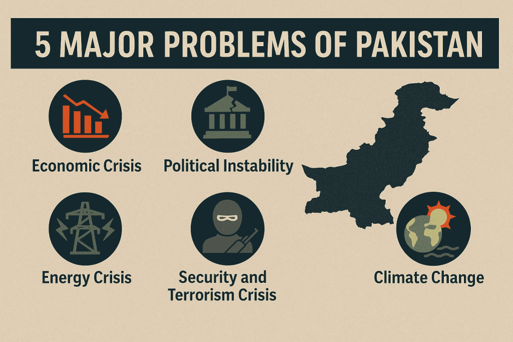 Infographic showing the 5 major problems of Pakistan in 2025, featuring icons for economic crisis, political instability, energy crisis, security and terrorism, and climate change alongside a map of Pakistan.