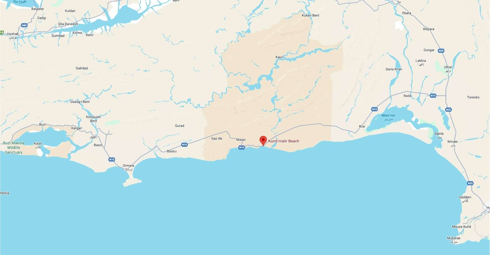 Map showing Kund Malir location along the Makran Coastal Highway in Balochistan
