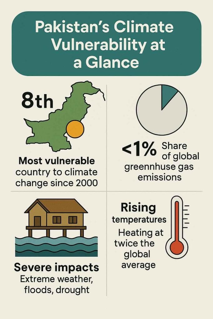Infographic showing Pakistan ranked 8th most climate-vulnerable, contributing less than 1% of global emissions but suffering severe climate impacts.