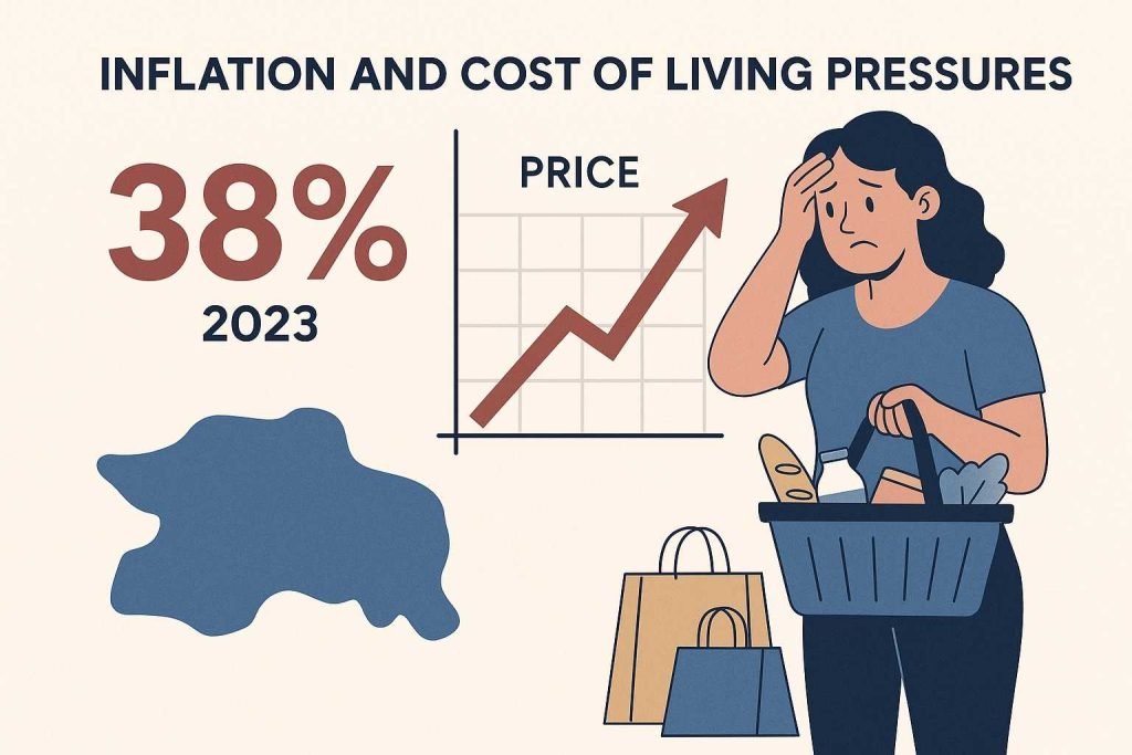 Illustration showing Pakistan’s 38% inflation peak in 2023 with a rising price graph and a worried woman holding a grocery basket, symbolizing the high cost of living pressures.