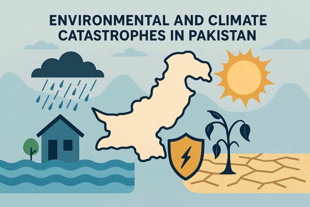 Illustration showing Pakistan’s environmental and climate catastrophes, with a map of Pakistan in the center, heavy rainfall and flooding on one side, and drought with cracked land, a withered plant, and a blazing sun on the other side.