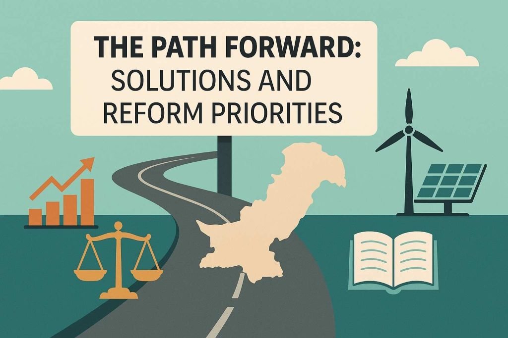 Illustration showing Pakistan’s reform priorities with a winding road leading to progress, alongside icons of growth charts, justice scales, renewable energy, and education, symbolizing economic stability, governance reforms, clean energy, and social development.