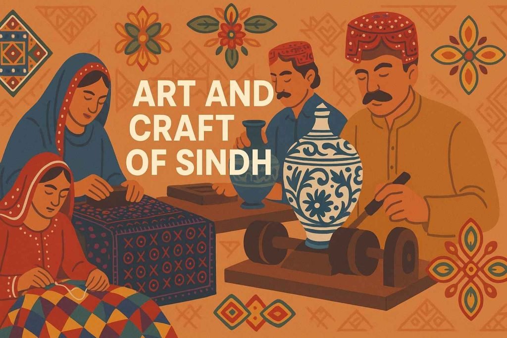 An illustrated hero image showing Sindhi artisans engaged in traditional crafts, including Ajrak block printing, Ralli quilt making, Kashi pottery, and Jandi lacquer work, representing the vibrant cultural heritage of Sindh.
Art and Craft of Sindh