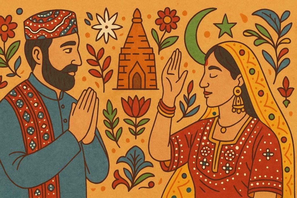 Illustrated artwork showing a Sindhi couple in traditional attire with Ajrak, Sindhi Topi, mirror-embroidered clothing, crescent moon, star, and floral motifs, symbolizing the cultural significance and symbolism of Sindhi art and craft.