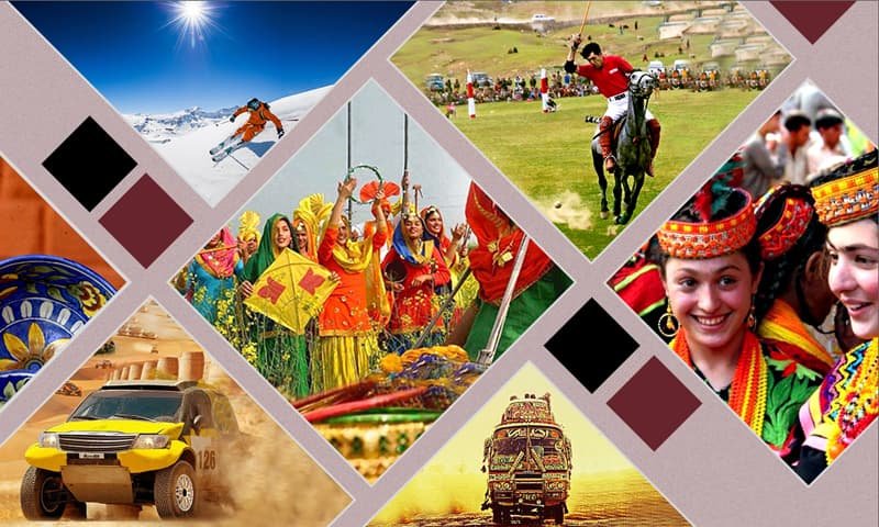 Collage-style artwork showcasing various elements of Pakistani culture, including traditional dress, sports, music, landscapes, and iconic vehicles like colorful trucks and yellow jeeps