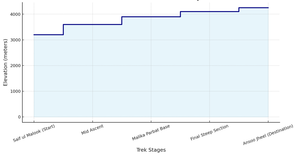 Step-style elevation chart showing the trek route from Saif ul Malook Lake through mid ascent, Malika Parbat base, final steep section, and ending at Ansoo Jheel Pakistan at 4,250 meters