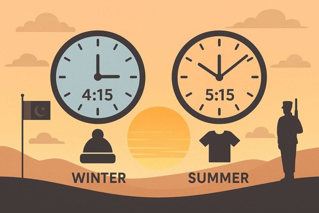 Clocks showing Wagah Border ceremony timings in winter at 4:15 PM and summer at 5:15 PM with seasonal icons and soldiers.
