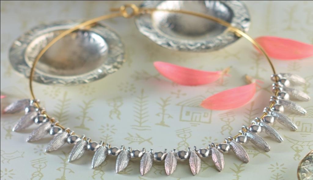 Close-up of jewelry Mohenjo Daro artifacts, including the famous seven-stranded necklace made of gold and jade beads from the Indus Valley Civilization.